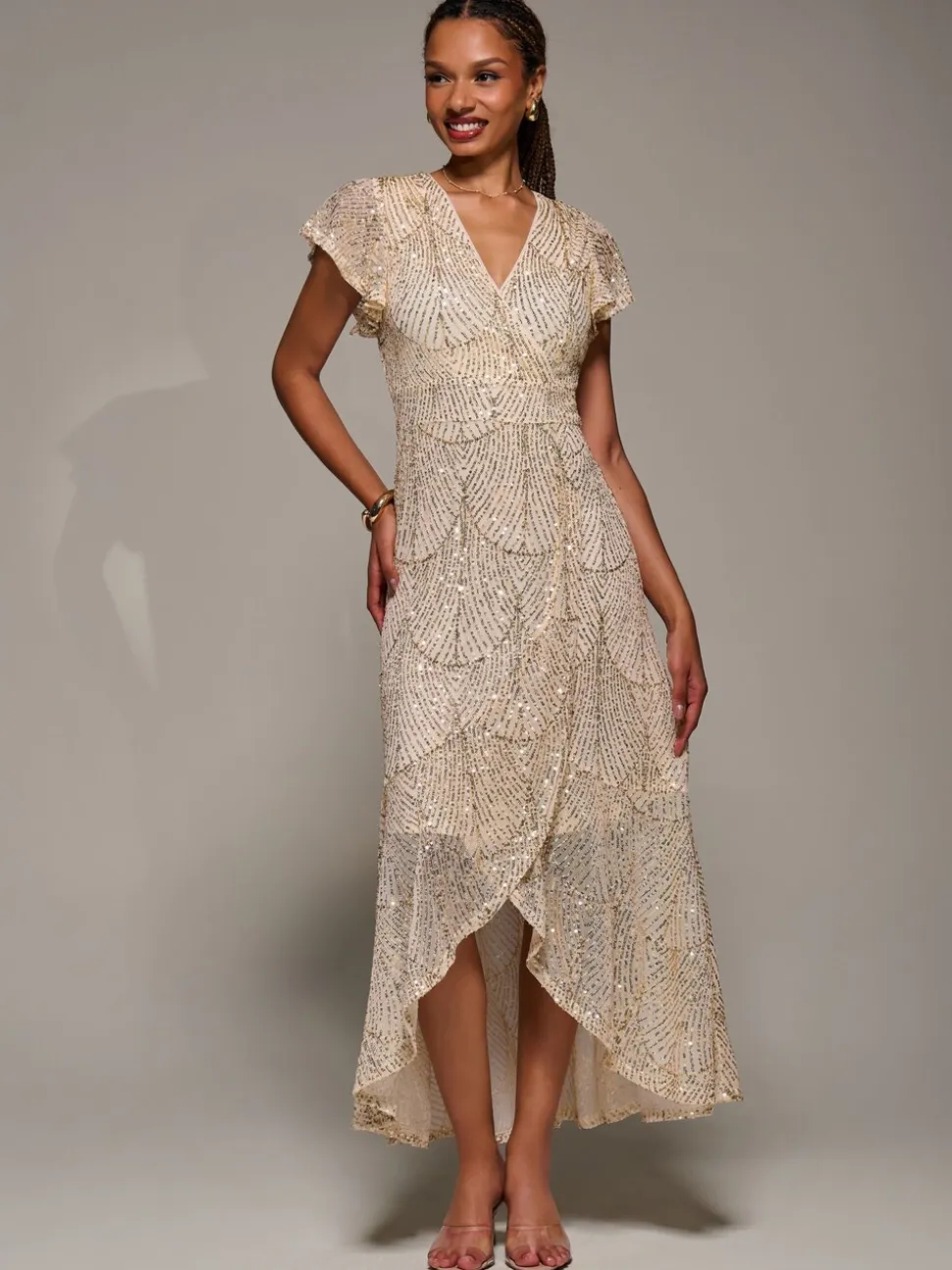 Jolie Moi Frill Short Sleeve Sequin Maxi Dress