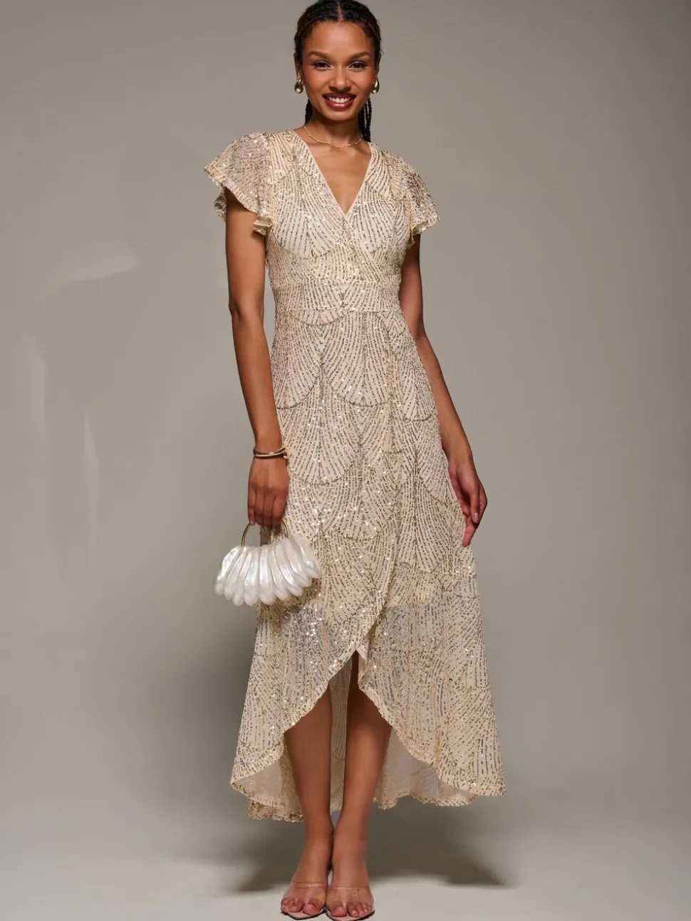 Jolie Moi Frill Short Sleeve Sequin Maxi Dress