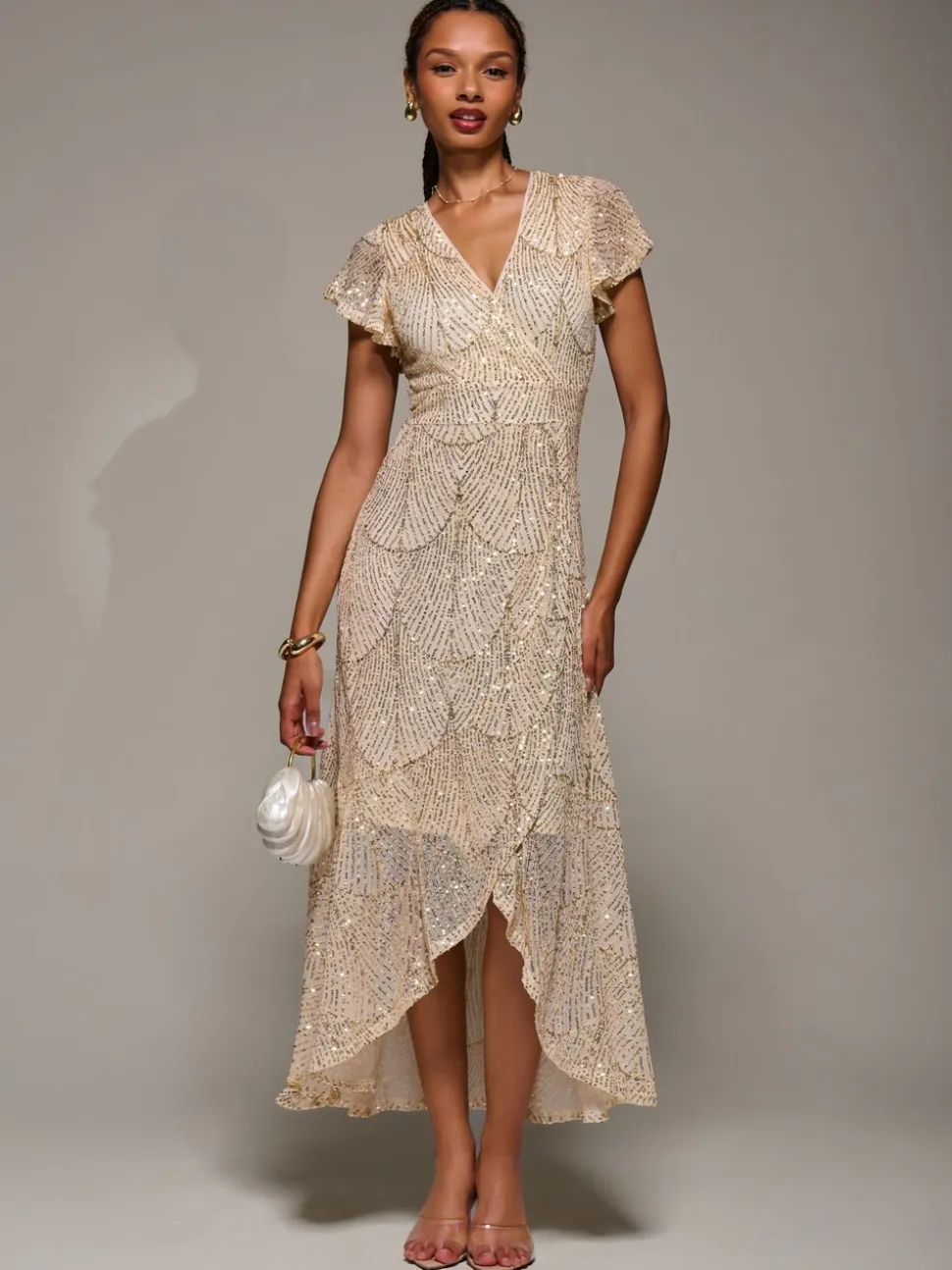Jolie Moi Frill Short Sleeve Sequin Maxi Dress