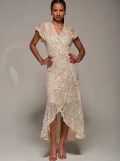Jolie Moi Frill Short Sleeve Sequin Maxi Dress
