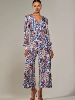 Jolie Moi Jersey Wrap Front Long Sleeve Jumpsuit