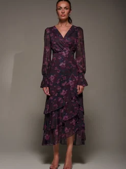 Jolie Moi Long Sleeve Ruffle Hem Mesh Maxi Dress