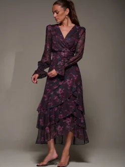 Jolie Moi Long Sleeve Ruffle Hem Mesh Maxi Dress