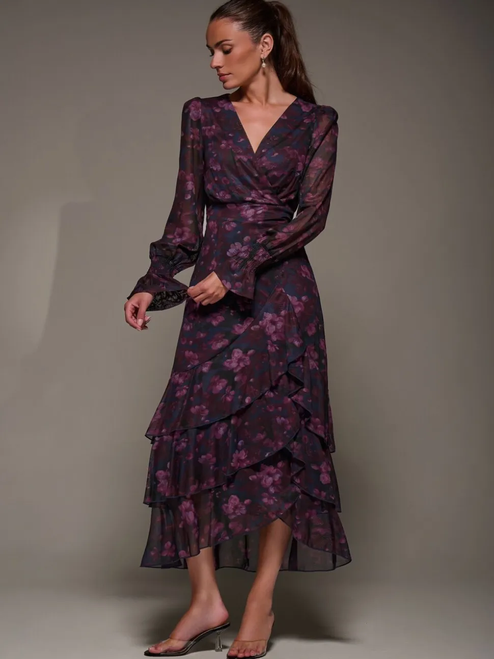 Jolie Moi Long Sleeve Ruffle Hem Mesh Maxi Dress