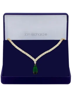 Jon Richard kraagketting met zirkoontjes en smaragdgroene peervormige hanger in geschenkdoosje