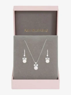 Jon Richard Rhodium Plated Crystal Bow and Pearl Drop Set Gift Box