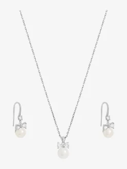 Jon Richard Rhodium Plated Crystal Bow and Pearl Drop Set Gift Box