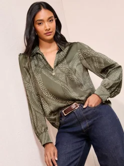 Kaki met print - Friends Like These Long Sleeve Button Detail Collared Blouse