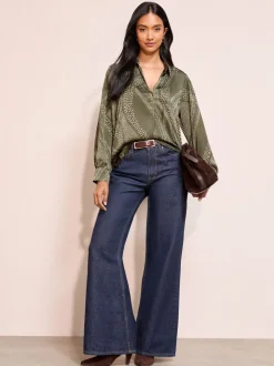 Kaki met print - Friends Like These Long Sleeve Button Detail Collared Blouse
