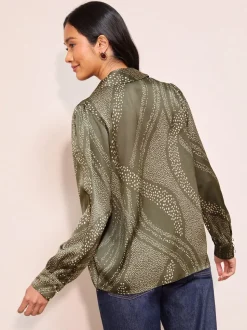 Kaki met print - Friends Like These Long Sleeve Button Detail Collared Blouse