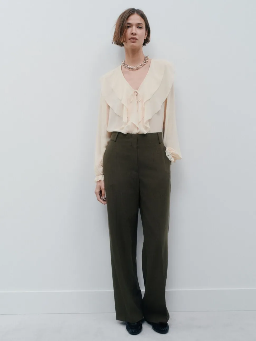 Kakigroen - Crosshatch Elastic Waist Wide Leg Trousers