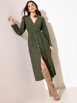 Kakigroen - Friends Like These - Getextureerde midi-jurk met lange mouwen, strikceintuur en knoopsluiting