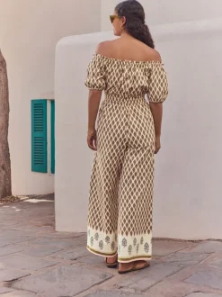 Kakigroen - Jumpsuit met blote schouders en wijde pijpen van 100% katoen