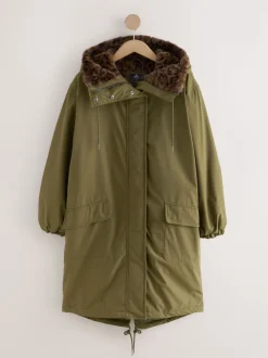 Kakigroen - Parka met imitatiebontvoering met dierenprint