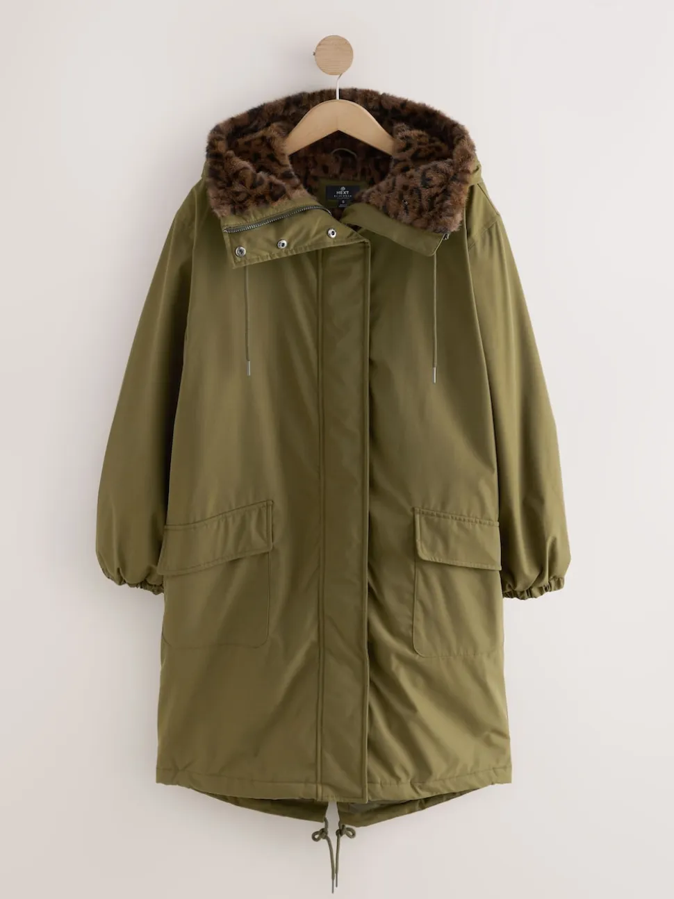 Kakigroen - Parka met imitatiebontvoering met dierenprint