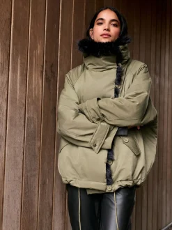 Kakigroen - Parka with Contrast Faux Fur Trim
