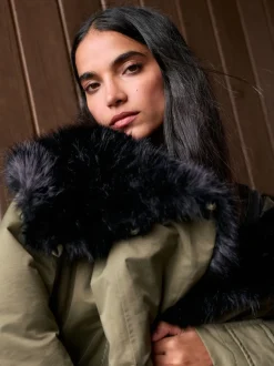 Kakigroen - Parka with Contrast Faux Fur Trim