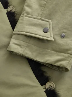 Kakigroen - Parka with Contrast Faux Fur Trim