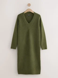 Kakigroen - Super Soft V-Neck Midi Dress With Wool