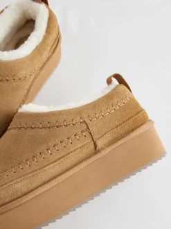 Kastanjebruin - Leather Cosy Borg Lined Slip-On Shoes