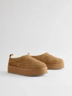 Kastanjebruin - Leather Cosy Borg Lined Slip-On Shoes