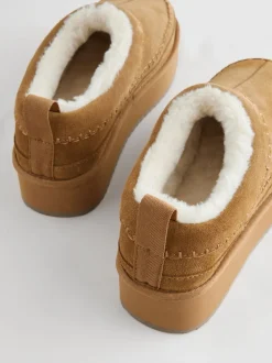Kastanjebruin - Leather Cosy Borg Lined Slip-On Shoes