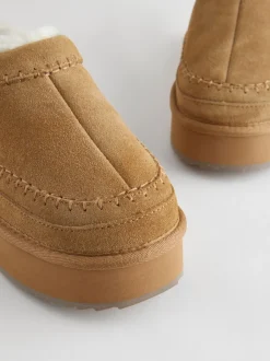 Kastanjebruin - Leather Cosy Borg Lined Slip-On Shoes
