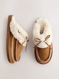 Kastanjebruin - Stitch Suede Faux Fur Lined Mule Slippers