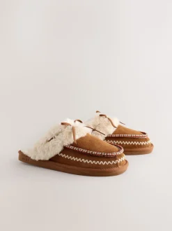 Kastanjebruin - Stitch Suede Faux Fur Lined Mule Slippers