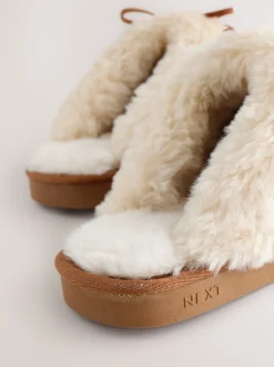 Kastanjebruin - Stitch Suede Faux Fur Lined Mule Slippers