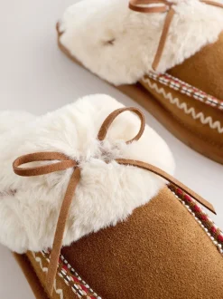 Kastanjebruin - Stitch Suede Faux Fur Lined Mule Slippers