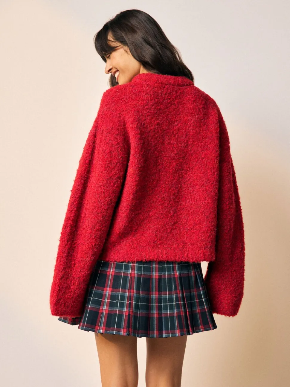 Kersrood - Boucle Ronde hals Trui Met Wol