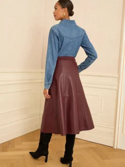 Kersrood - Love & Roses Fit en Flare imitatieleren midi-jurk