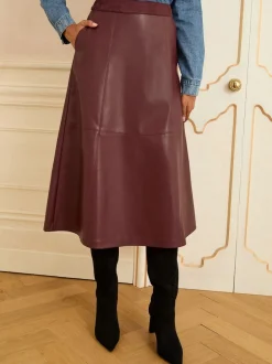 Kersrood - Love & Roses Fit en Flare imitatieleren midi-jurk