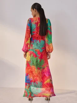 Kew Collection Bright Floral - Occasion Long Sleeve Wrap Midi Dress