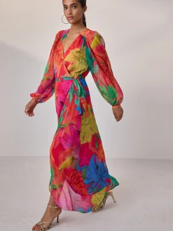 Kew Collection Bright Floral - Occasion Long Sleeve Wrap Midi Dress