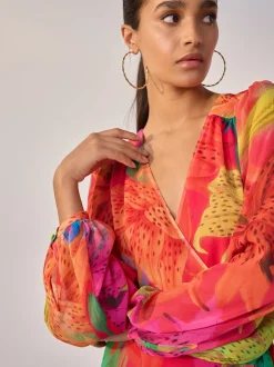 Kew Collection Bright Floral - Occasion Long Sleeve Wrap Midi Dress