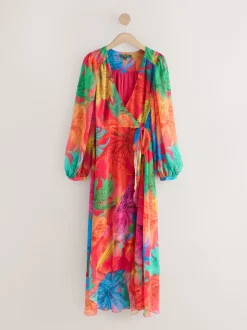 Kew Collection Bright Floral - Occasion Long Sleeve Wrap Midi Dress