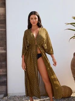 Khaki Green with Gold Sequins - Tie Waist Maxi Cover-Up