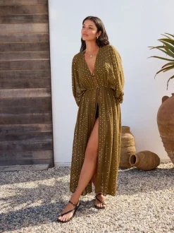 Khaki Green with Gold Sequins - Tie Waist Maxi Cover-Up