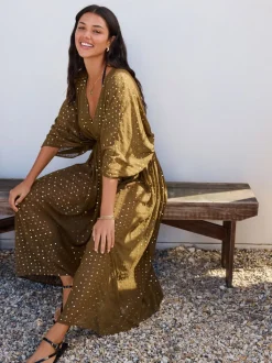 Khaki Green with Gold Sequins - Tie Waist Maxi Cover-Up