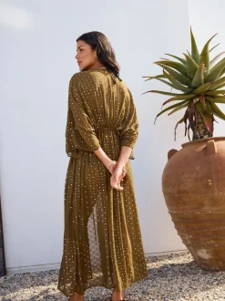 Khaki Green with Gold Sequins - Tie Waist Maxi Cover-Up