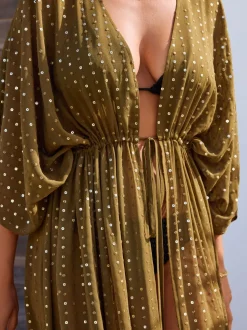 Khaki Green with Gold Sequins - Tie Waist Maxi Cover-Up