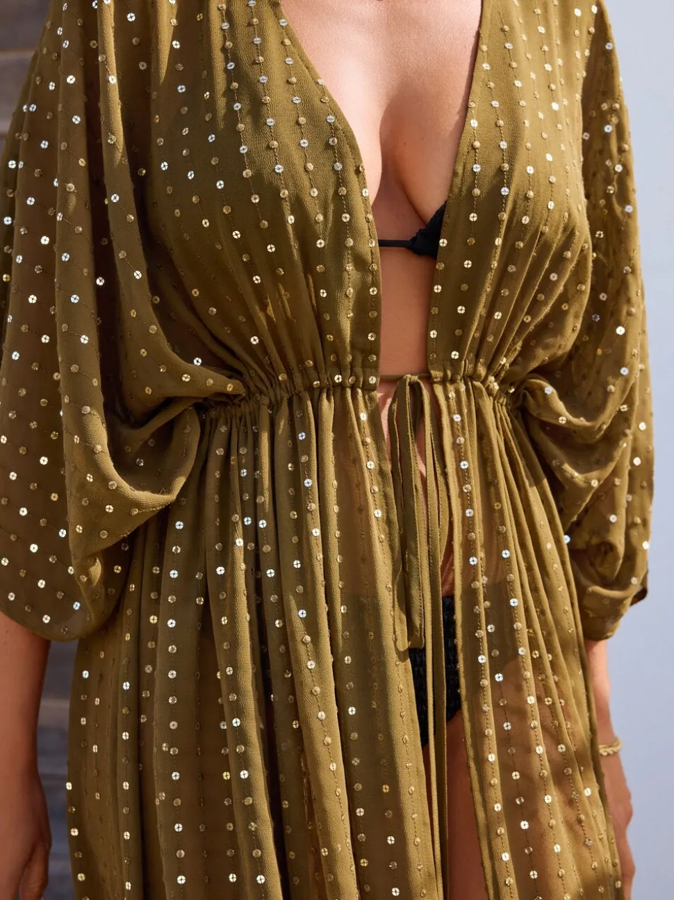 Khaki Green with Gold Sequins - Tie Waist Maxi Cover-Up