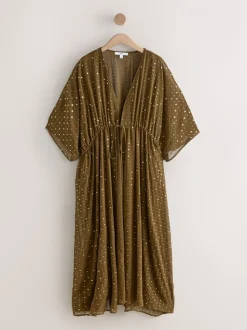 Khaki Green with Gold Sequins - Tie Waist Maxi Cover-Up