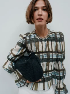 Khaki/Cream Check - Sheer Smocked Long Sleeve Top