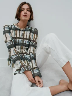 Khaki/Cream Check - Sheer Smocked Long Sleeve Top