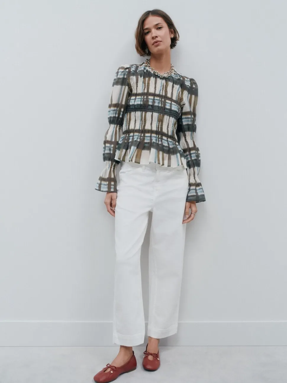 Khaki/Cream Check - Sheer Smocked Long Sleeve Top