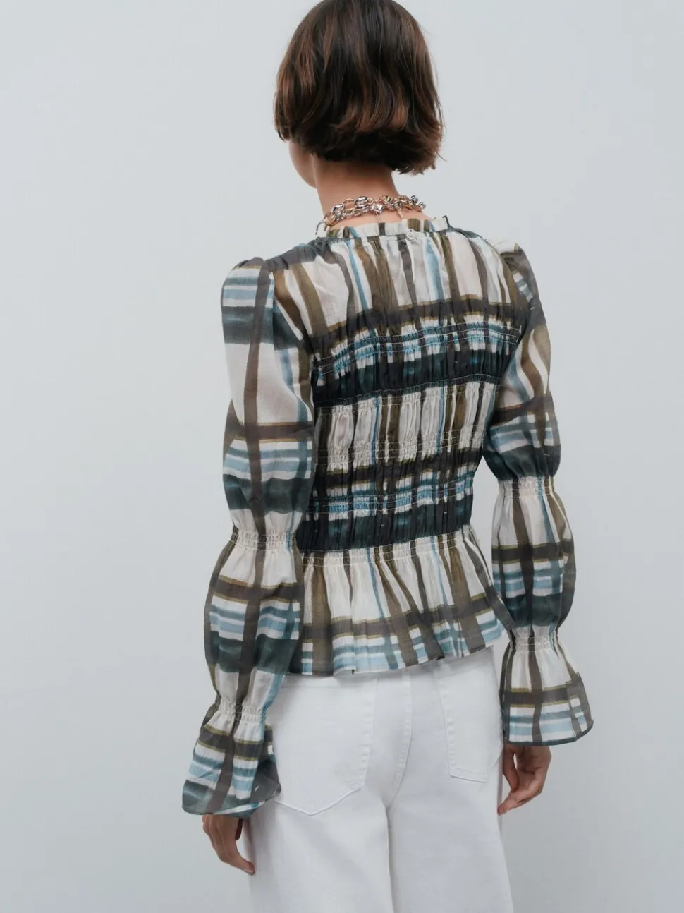 Khaki/Cream Check - Sheer Smocked Long Sleeve Top