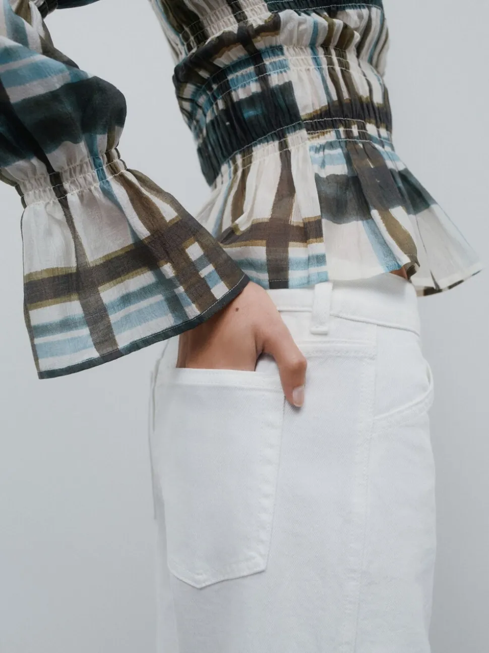 Khaki/Cream Check - Sheer Smocked Long Sleeve Top